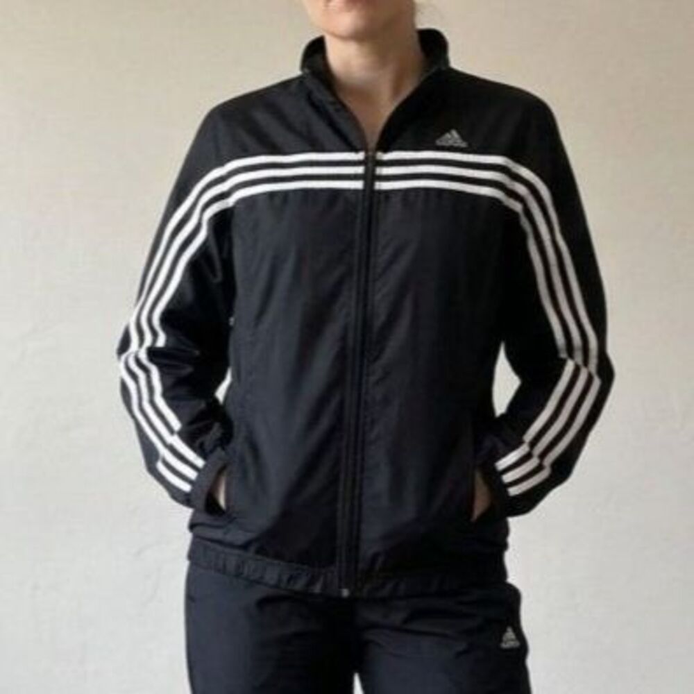 Y2K Adidas ClimaProof Women’s Black 3-Stripe Full Zip Windbreaker Jacket Size L